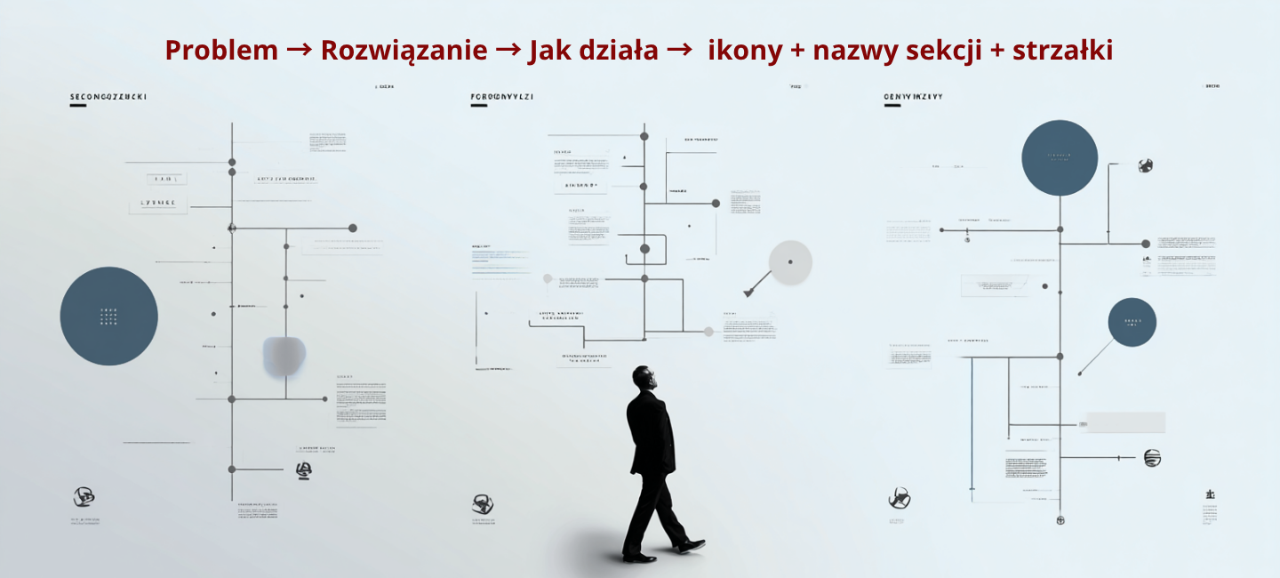 Schemat procesu z ikonami i strzałkami – etapy: Problem, Rozwiązanie, Jak działa