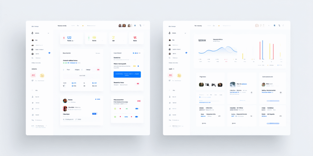 Dwa widoki pulpitu – dashboardy z wykresami, statystykami i panelem użytkownika w jasnej estetyce