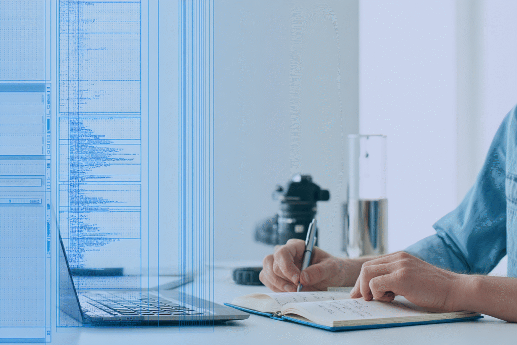 ilustracja UX Copywriter landing page pracującego nad projektem przy dwóch monitorach – widok zza pleców