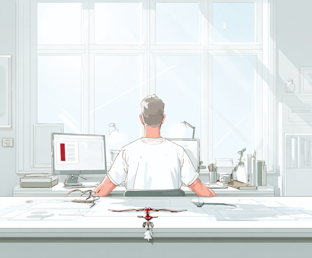 Ilustracja UX copywritera pracującego nad projektem przy dwóch monitorach – widok zza pleców