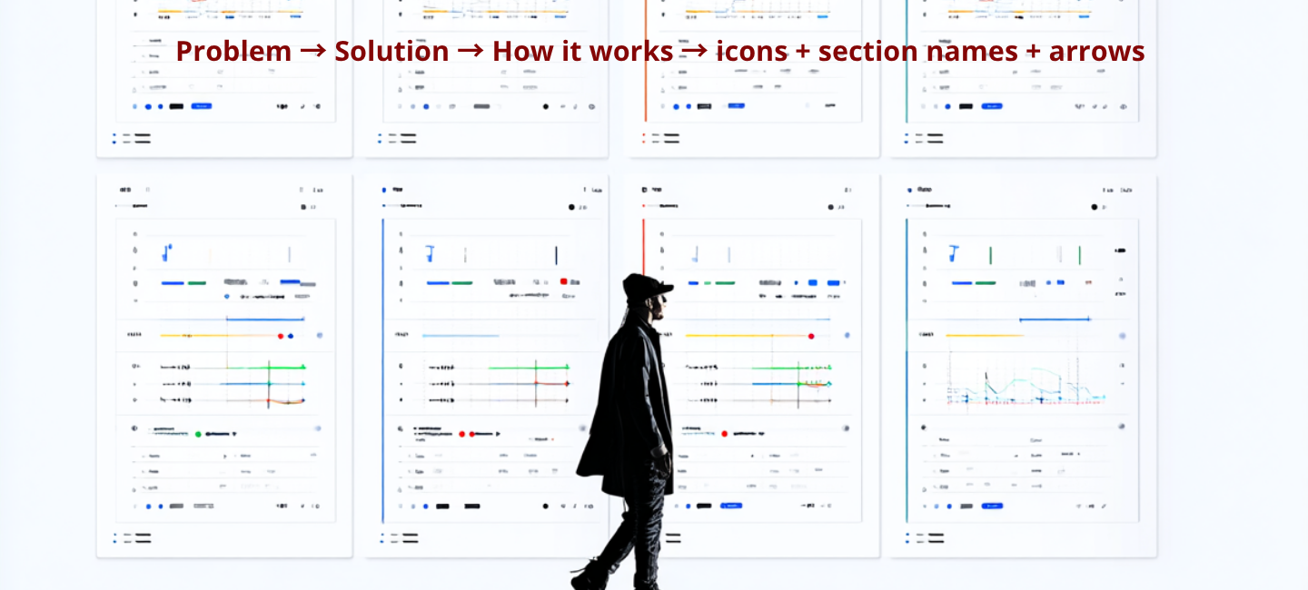 Operation scheme – analytical screen with stages: "Problem," "Solution," "How it works," "icons," "section names," "arrows"