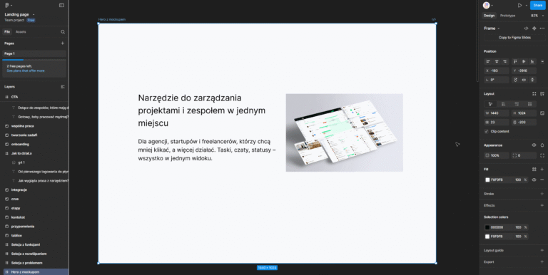 Główna sekcja z tekstem powitalnym i mockupem aplikacji